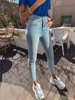 Kadın Streç dar kot Şık İki Düğme Yüksek Bel Sıska dar kot Bayan Streetwear Casual Slim Kot Pantolon 5