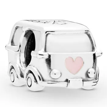 Orijinal Pembe Emaye Kalp Süsleyen Aşk ve Barış Işareti karavan Charm Fit Pandora 925 Ayar Gümüş Bilezik Bileklik Dıy Takı