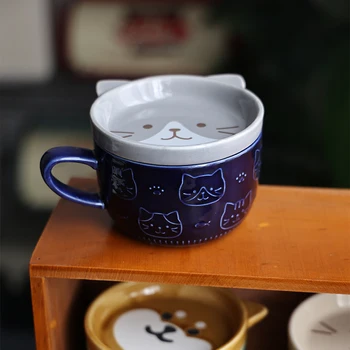 Japon Karikatür Kedi Fincan İşareti Kahve kapaklı bardak Seramik Sevimli süt kupası Çift Kahvaltı Fincan Ofis Su Bardağı KEDİCAT