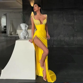 Sarı Abiye Parti Törenlerinde Seksi Kolsuz Aç Geri Yüksek Kalite Glitter Pullu Yüksek Yarık Mermaid Gelinlik Modelleri