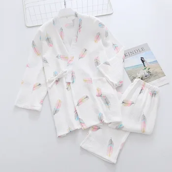 Japon kimono bayanlar bahar ve yaz pijama iki parçalı üç çeyrek kollu pantolon pamuk krep dantel ev hizmeti seti 0
