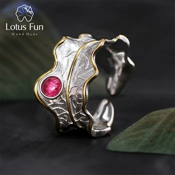 Lotus Eğlenceli Gerçek 925 Ayar Gümüş Yüzük Doğal Turmalin Taşlar Güzel Takı Ayarlanabilir Şakayık Yaprak Yüzükler Kadınlar için Bijoux 5