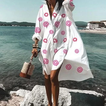 2021 Sonbahar Kadın Elbiseler Turn-aşağı Yaka Baskı Rahat Uzun Kollu Gömlek Elbise Artı Boyutu Gevşek Plaj Parti Vestidos Robe Bluz