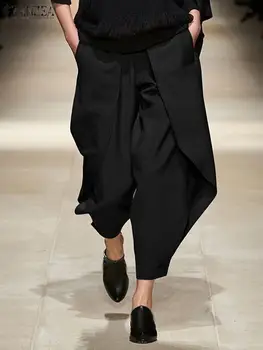 ZANZEA Yaz Vintage harem pantolon 2022 Casual Kadın Elastik Bel Uzun Pantolon Moda Asimetrik Cepler Kapriler Streetwear