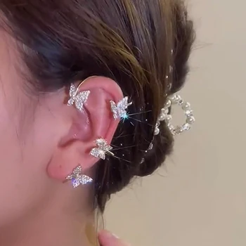 Moda Gümüş Kaplama Metal Kristal Kelebek Kulak Klipleri Tatlı Köpüklü Zirkon Kulak Manşet Klip Küpe Düğün genç kız takısı Hediye