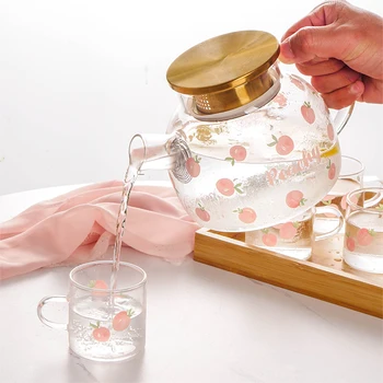 Kawaii şeftali cam sürahi soğuk su ısıtıcısı seti büyük kapasiteli Meyve meyve suyu bardağı su ısıtıcısı ısıya dayanıklı cam çaydanlık Ev çay makinesi kupa