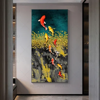Koi Balık Feng Shui Sazan japon balığı Resimleri Yağlıboya Tuval Posterler ve Baskılar Cuadros Duvar Sanatı Resimleri Için Oturma Odası