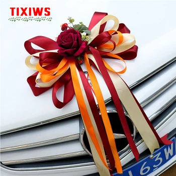 Kırmızı-turuncu çift düğün araba dikiz aynası kapı kolu dekorasyon ön yay düğün takımı düzeni düğün