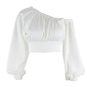 Moda T Shirt Yeni Bahar Sonbahar Kadın Beyaz Tees Eğik Omuz Dantel Up Fener Uzun Kollu Elastik Bel Dantelli Kırpma Üstleri