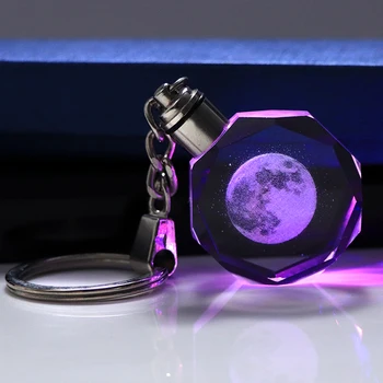 Kaplama Lazer Kazınmış Kristal Ay Anahtarlık Minyatür Ay Cam Araba Anahtarlık led ışık Renkli Anahtarlık Ev Dekorasyon Hediye