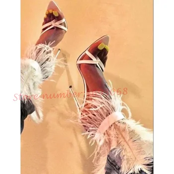 Turuncu Tüy Çapraz Kayış Sandalet Parti Düğün Patent Deri Kadın Sandalet Kadın Burnu açık Yüksek Stiletto Topuklu şık ayakkabılar