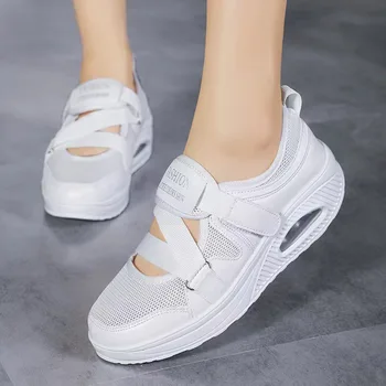 Yastık platform ayakkabılar Kadın rahat ayakkabılar Bayanlar Sneakers Nefes Örgü Bahar Yaz Kama Ayakkabı Ayak Bileği Kayışı Daireler 0