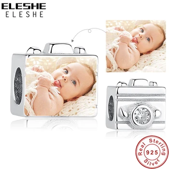 ELESHE 925 Ayar Gümüş Takılar Kişiselleştirilmiş Özel fotoğraf kamerası Kare Boncuk Fit Orijinal Bilezik Kolye DIY Takı