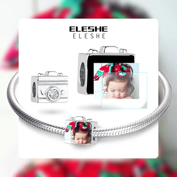 ELESHE 925 Ayar Gümüş Takılar Kişiselleştirilmiş Özel fotoğraf kamerası Kare Boncuk Fit Orijinal Bilezik Kolye DIY Takı 3