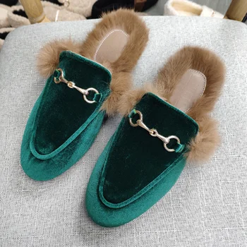 Kadınlar Kış Payetli Çin Tavşan Saç Sıcak Flats Yuvarlak Toe Mikrofiber Yumuşak Comfortble Tacones Mavi Yeşil Akın Geniş Uydurma 44