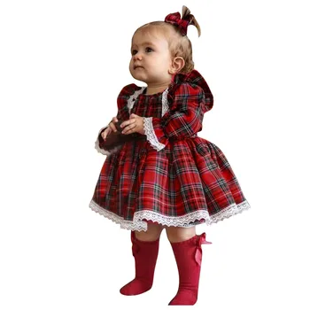 Noel Kız Kırmızı Elbise Toddler Bebek Kız Noel Noel Partisi Dantel Ekose Baskılı Prenses Elbise Çocuk Giysileri детская одегда