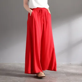 Kadın Yaz Vintage pamuk Keten Pantolon Uzun Palazzo 2022 Bahar Celmia Rahat Gevşek Geniş Bacak Pantolon etekler Pantolon 1