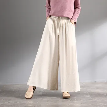 Kadın Yaz Vintage pamuk Keten Pantolon Uzun Palazzo 2022 Bahar Celmia Rahat Gevşek Geniş Bacak Pantolon etekler Pantolon 3