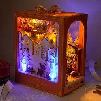DIY Kitap Nook Raf Ahşap Kulübe El Yapımı Noel Arifesi Evi 3D Kitap Montaj Modeli yatak odası dekoru Kız çocuk oyuncakları Hediyeler 5