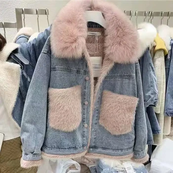 Kore Kalınlaşmak Denim pamuklu ceket Kadın Kış Yeni Stil Gevşek Artı Kaşmir Kuzu Yün pamuklu ceket Kadın Ceket