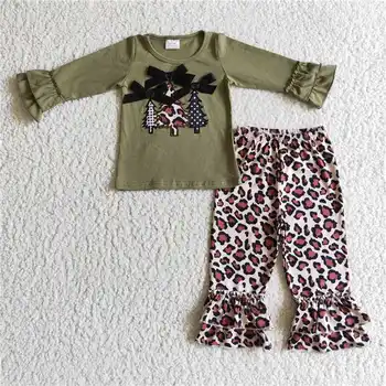 Bebek Kız Noel Nakış Ağacı Kıyafet Çocuk Uzun Kollu Pamuklu Gömlek Leopar Fırfır Pantolon Toddler Seti Bebek Çocuk Giysileri