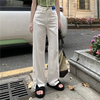 N0667 Beyaz yarık kot kadın gevşek düz yaz yeni yüksek belli ince geniş bacak pantolon tasarım pantolon kot