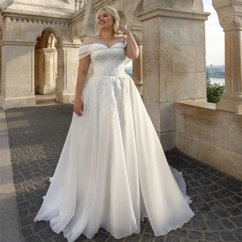 Organze düğün elbisesi Artı Boyutu Zarif Kapalı Omuz Sevgiliye Aplikler Bir Çizgi Sweep Tren Korse gelinlikler
