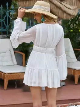 Kadın Elbise Moda Yaz Beyaz Düz Renk Seksi V Yaka kadın Şifon Atış Parti Elbise Kadınlar için Uzun Kollu Boho Elbise