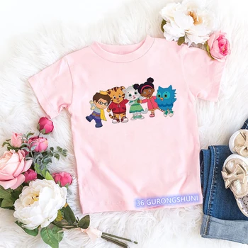 Kawaii Kız T-Shirt Komik Daniel Kaplan Mahalle Karikatür Baskı Bebek Kız Giysileri Moda Çocuk Tshirt Pembe Gömlek Üst 2