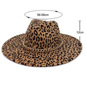 9.5 CM büyük kenarlı şapka leopar baskı fedora şapka kadınlar için sonbahar ve kış yeni şapka İngiliz retro Panama yün şapka