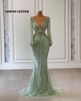Sparkl Puf Uzun Kollu Abiye Lüks Dubai Boncuklu Mermaid Resmi Elbise Zarif V Boyun Düğün Törenlerinde robe de bal