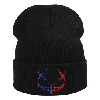 Unisex Kasketleri Örme Şapka İşlemeli Skullies Şapka Üzgün İfade Kap Sonbahar Kış Sıcak Yün Şapka Erkekler ve Kadınlar için