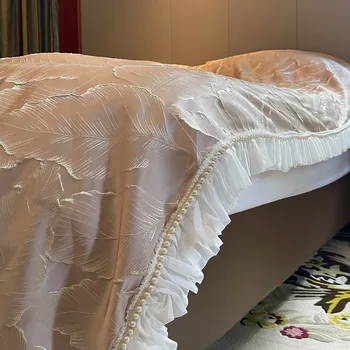 Fransız Romantik Pembe Jakarlı Perde İnciler Lotus Yaprağı Dantel Lüks Kabartmalı Yaprak Nakış Perdeler Oturma Odası Yatak Odası İçin