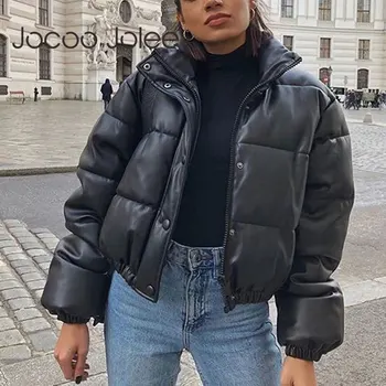 Kış Kalın Sıcak Kırpılmış balon ceket Kadın Siyah PU Deri Parkas Zarif Fermuarlı Ceket Pamuk Yastıklı Punk Dış Giyim 2021