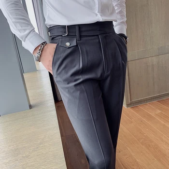 Ingiliz Tarzı Sonbahar Yeni Katı Yüksek Bel Pantolon Erkek Giyim Basit Slim Fit İş Ofis Düğün Takım Elbise Pantolon Hommes 36-29 0