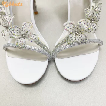 Beyaz Çiçekler Kristal Bling Bling Sandalet Rhinestone Parlak Yüksek Topuklu Stiletto Topuk Burnu açık Sandalet Kadın Moda Lüks ayakkabı