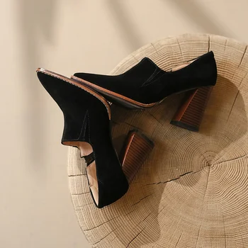Temel sivri burun kalın yüksek topuklu moda hakiki deri slip-on ofis bayan pompaları kadın parti düğün ayakkabı siyah ayakkabı pompaları