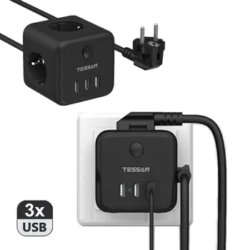 TESSAN Siyah USB Küp güç şeridi ile 3 AC Çıkışları, 3 USB Bağlantı Noktaları ve Anahtarı, AB Soket Adaptörü Şarj ile 1.5 M Uzatma Kablosu