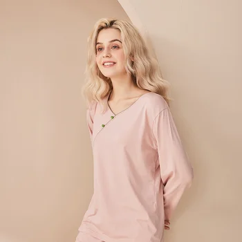 Ulusal Tarzı kadın Pijama Ev Giysileri Uzun Kollu pantolon seti Basit İlkbahar Ve Sonbahar Gevşek Uydurma (Kadın)