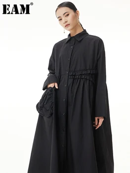 [EEM] Kadınlar Siyah Stereoskopik Cep Büyük Boy Gömlek Elbise Yeni Yaka Uzun Kollu Gevşek Fit Moda İlkbahar Sonbahar 2023 1DE6837