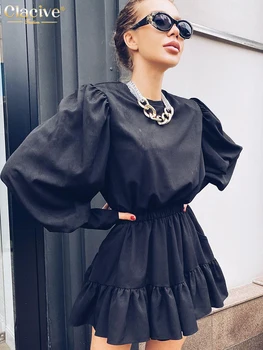 Clacive Moda Siyah Kadınlar İçin Zarif Elbiseler Bodycon O-boyun Fener Kollu Mini Elbise Bayan Streetwear Vintage Pilili Elbise