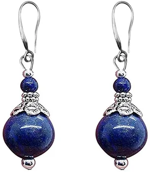 Çift Lapis Lazuli Damla Küpe Doğal Taş Yuvarlak Boncuk Dangle Küpe Kadınlar için moda takı Hediye