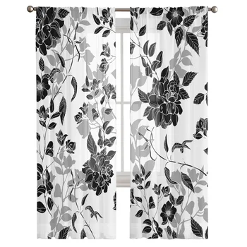 Siyah Ve Beyaz Çiçekler Tül Perdeler Oturma Odası Yatak Odası için Modern Şifon Şeffaf Mutfak Perdeleri 2