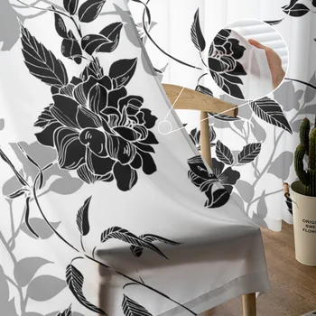 Siyah Ve Beyaz Çiçekler Tül Perdeler Oturma Odası Yatak Odası için Modern Şifon Şeffaf Mutfak Perdeleri 4