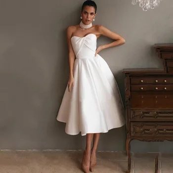 2022 Basit Saten Kısa düğün elbisesi Beyaz Artı Boyutu Sevgiliye gelin elbiseleri Diz Boyu Gelinlikler vestidos de novia