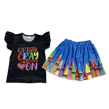 Toptan Okula Dönüş Kıyafetler Çocuk Giyim Siyah Üst Kalem Kısa Etek 2 Parça Set