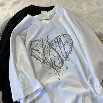 Büyük boy T-shirt Aşk Baskı Kısa Kollu Kadın Yaz Yeni Gevşek Tee Gömlek Y2K Streetwear Casual Harajuku Kadın T Shirt