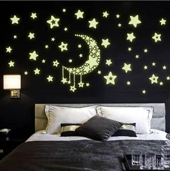 Ay Yıldız Floresan Noctilucent Gece Glow Karanlık aydınlık Vinil Çıkarılabilir Kreş Çocuk Çocuk Yatak odası duvar çıkartmaları Çıkartması