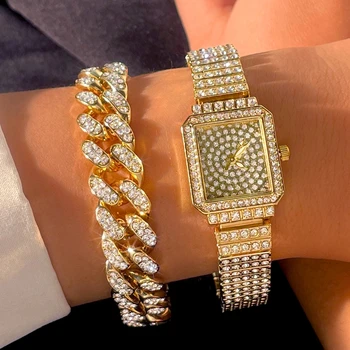Bling Lüks Kristal Bayanlar Saatler Bilezik Altın Renk Zarif Tam Taklidi Kadın kol saati Moda Relogio Feminino Hediye 3