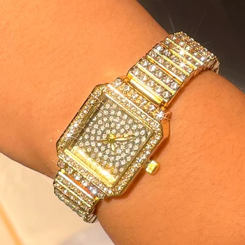 Bling Lüks Kristal Bayanlar Saatler Bilezik Altın Renk Zarif Tam Taklidi Kadın kol saati Moda Relogio Feminino Hediye 5